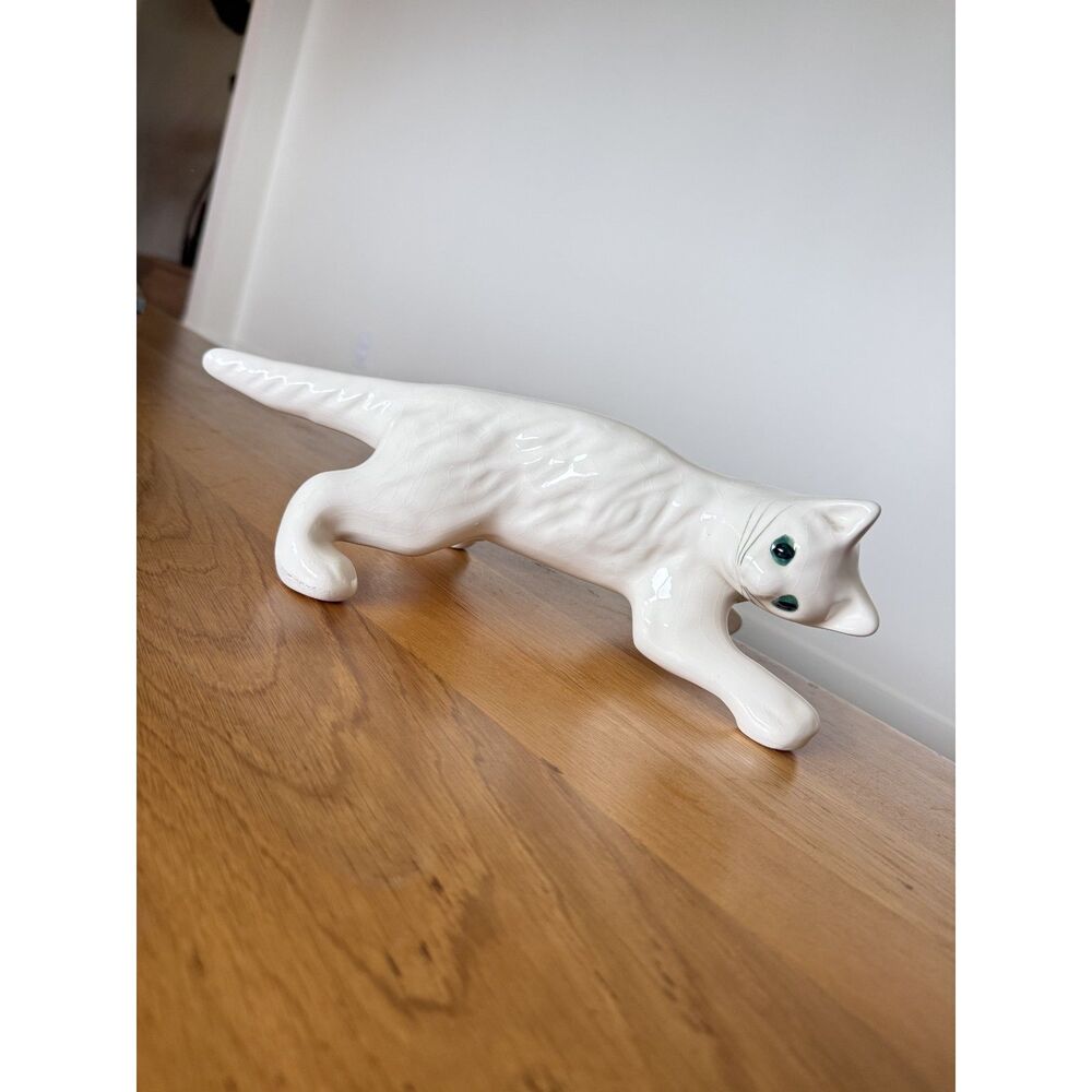 VINTAGE 1940'S Camark Pottery White Climbing cat 12" Mid-Century Modern MCM